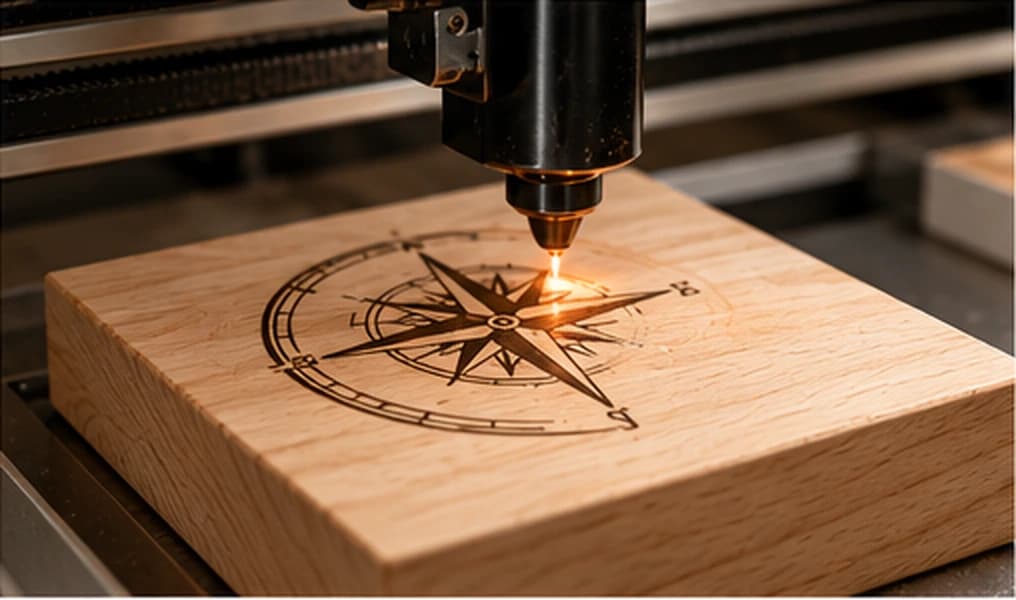 Lasergravierer bei der Gravur auf Holz
